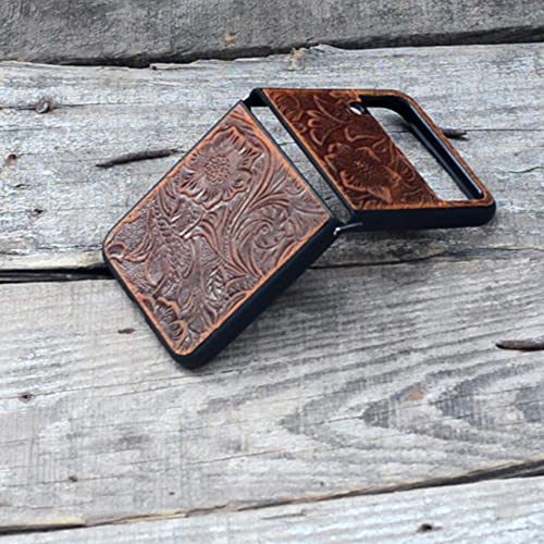 JJNUSA Handmade Leather Case for Samsung Galaxy Z Flip 4 5G 2022 Back Cover Case Brown