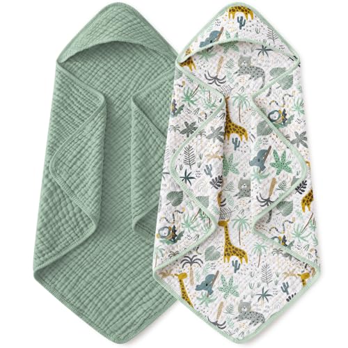Image of Yoofoss Hooded Baby Towels for Newborn 2 Pack 100% Muslin Organic Cotton Baby Bath Towel with Hood for Babies, Infant, Toddler and Kids, 32x32Inch, Soft and Absorbent Newborn Essential, Green Giraffe
