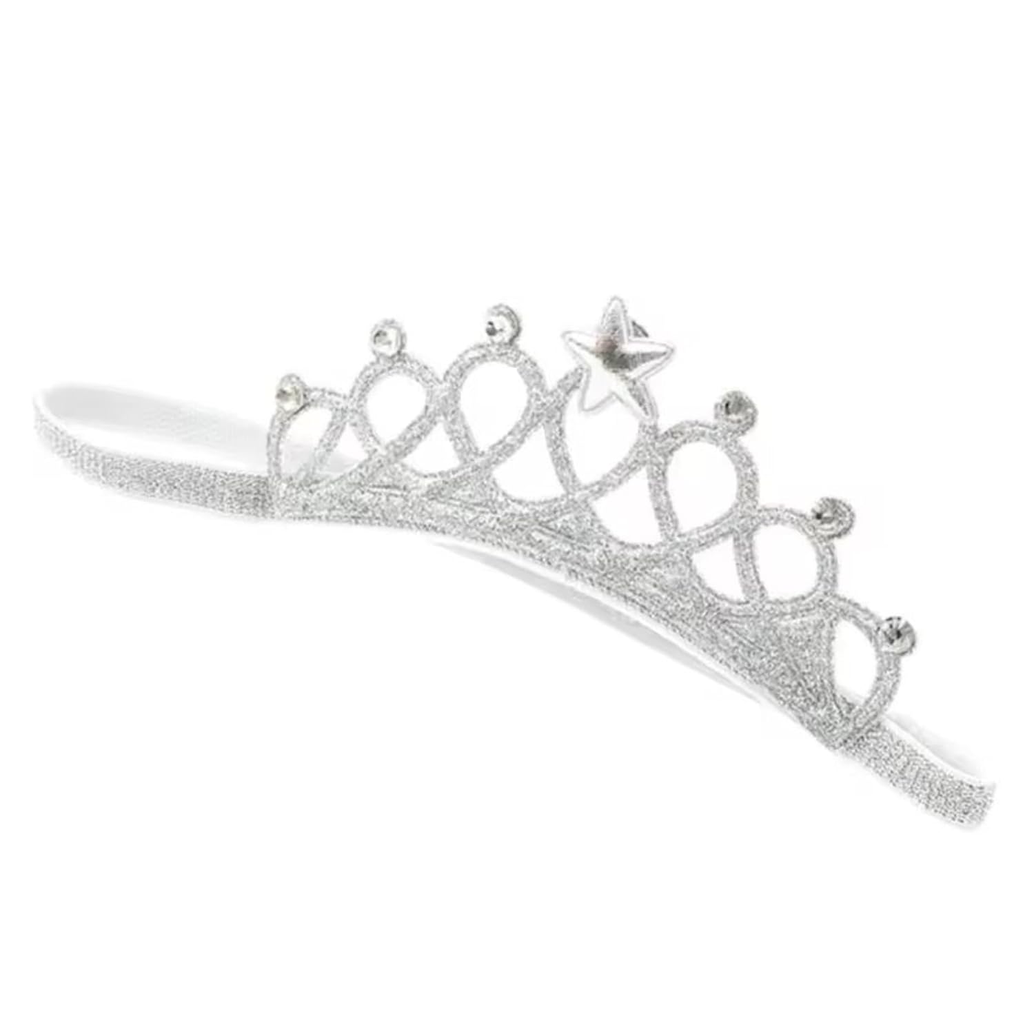 Tiara Coroa Infantil Prata com Strass, Estrela Decorativa, Faixa Elástica, 13cm, para Festas