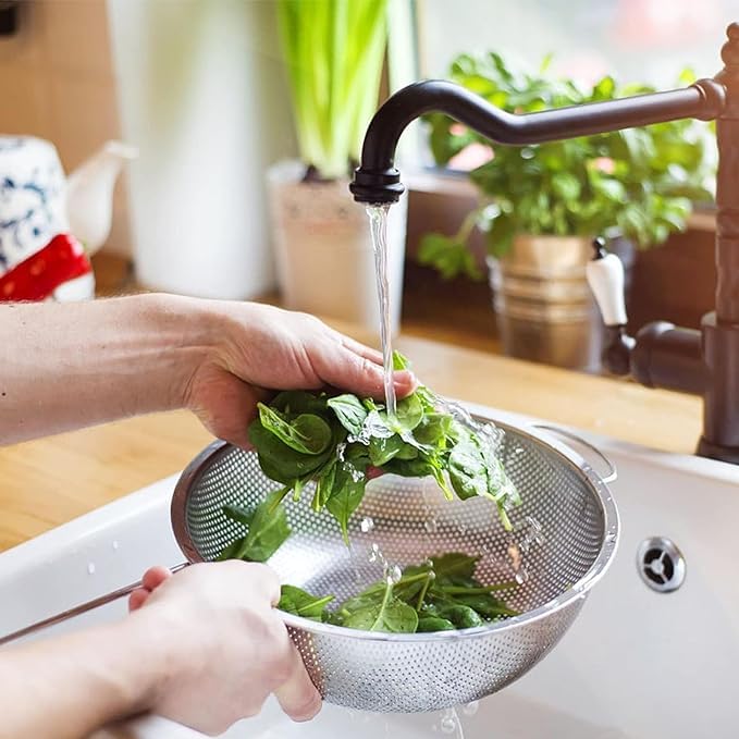 Keukenzeef met handgrepen, roestvrijstalen pastazeef, zeefkorf, voor het afgieten van pasta, groenten en fruit, rijst, vaatwasserbestendig, 22 cm, 19 cm, 2 stuks