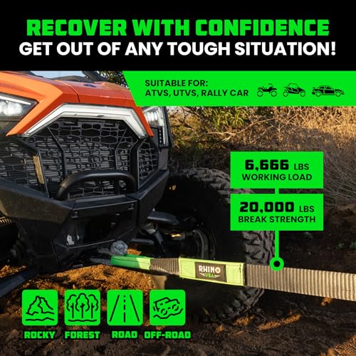 Image of Rhino USA Recovery Tow Strap (2 inch x 20') - 20,024lb Break Strength - Emergency Recovery Strap Tow Rope for UTV, ATV & More - Heavy Duty Towing Strap for Offroad 4x4 Use - Compatible with RZR and Can-Am