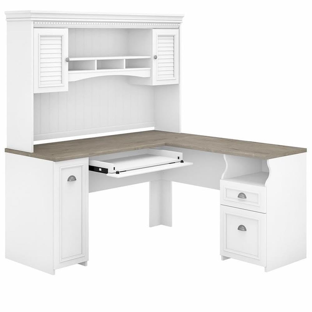 Bush Home Fairview 60W L Shaped Desk with Hutch in Pure White and Shiplap Gray