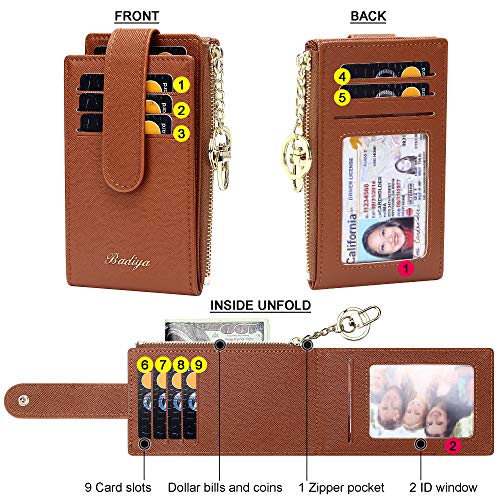 Image of Badiya Slim Women Wallet RFID Blocking Bifold Compact 9 Card Slots Holder Wallets Soft Leather with Zipper Coin Pocket 2 ID Window