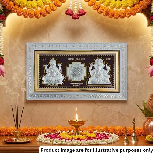 Image of Pure 999 Silver Lakshmi Ganesha Wall Frame - Lakshmi Yantra & Mantra Design|Certified Silver Art|Premium Wooden Frame|Ideal for Home & Office Decor - 1 x Unit