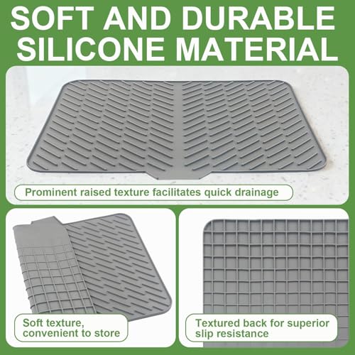 Image of SONANI Silicone Dish Drying Mat for Kitchen, Large 23 x 17 Inch Dish Drainer Mat with Drain Lip, Waterproof Heat Resistant Non-Slip Silicone Mat for Sink & Counter, Utensil Dish Drying Mat (Grey)