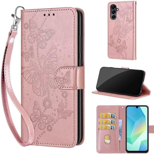 Étui Samsung Galaxy A16 5G avec rabat portefeuille en cuir synthétique embossé et dragonne pour femme