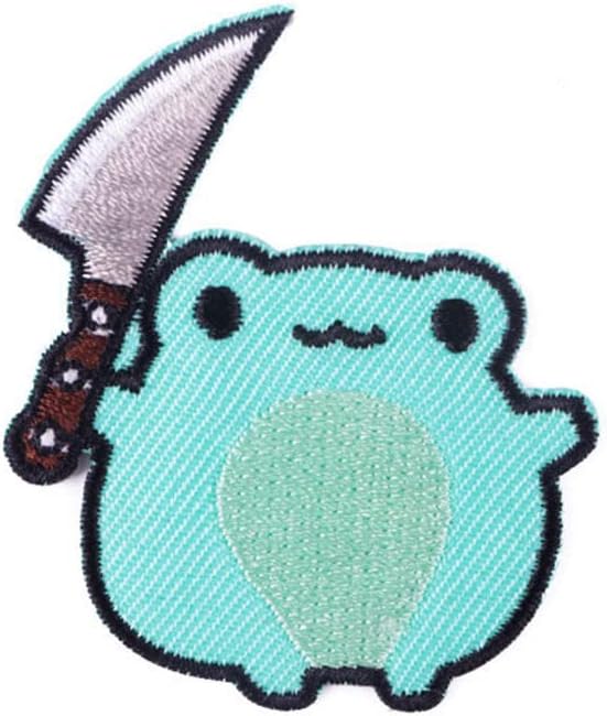 – Frog with Knife Embroidered Patch Iron on / Sew on Applique for Clothes, Jackets, Backpacks, Hats, Jeans, DIY Accessories Decoration, green