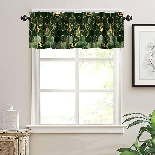 Image of Hunter Green Marble Window Valance Curtain, Abstract Dark Green Marble Hexagon Texture Golden Leaves Window Valances Treatments for Kitchen Living Room Cafe Decor 54'x18', 1 Panel