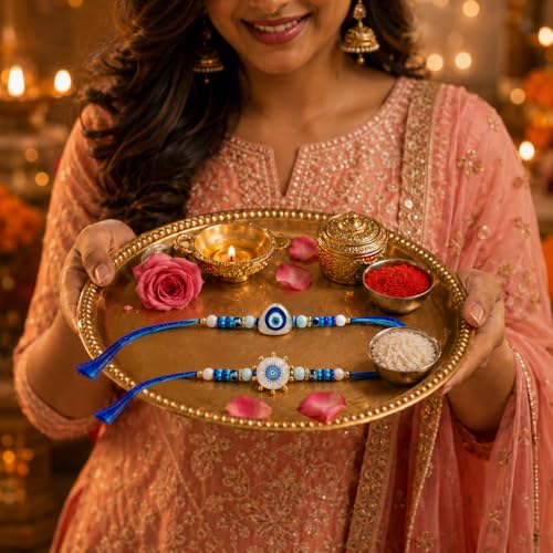 Image of Frostick Rakhi Combo for Brother with 2 Evil Eye Rakhis Chocolates Roli Chawal Greeting Card and Gift Box Ideal for Raksha Bandhan Festival Gifting