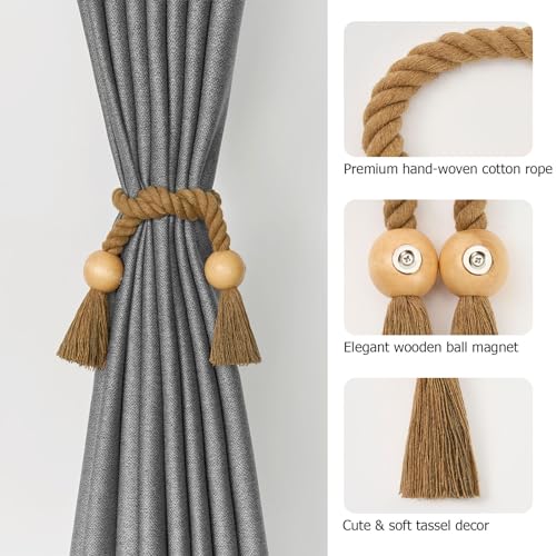 Pretty Jolly 4 Pack Wooden Ball Magnetic Curtain Tiebacks Boho Home Decor Drape Tie Backs Natural Cotton Hand Woven Rope Curtain Holdbacks for Thin & Thick Home & Office Window Draperies (A-Khaki) - Image 3