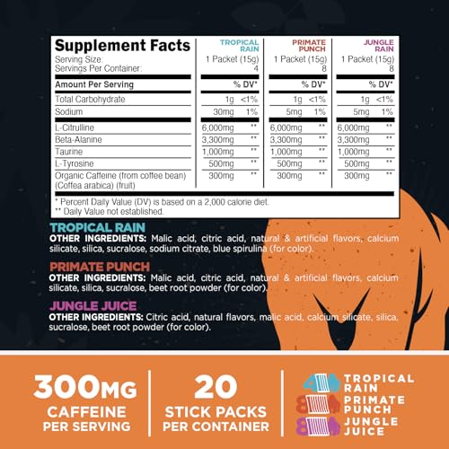 Image of Primal PRE Pre-Workout Variety Pack, Tropical Rain + Primate Punch + Jungle Juice Flavored (20 Stickpacks) - 300mg Caffeine Per Serving