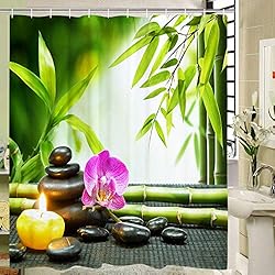 Cortina Ducha Bambu Elloevn Zen Pebble - Cortina de ducha de bambú, antimoho y textil, para niños, color verde armónico, con 12 anillas, fácil cuidado, 175 x 178 cm