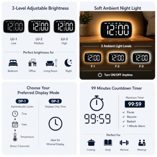 Image of AERYS Digital LED Wall Clock & Table Clock with1 Year Warranty Large Display, Dual Alarm, Day Display, Perimeter Night Light, Snooze, 12 /24H Format, USB Powered for Bedroom, Office & Living Room