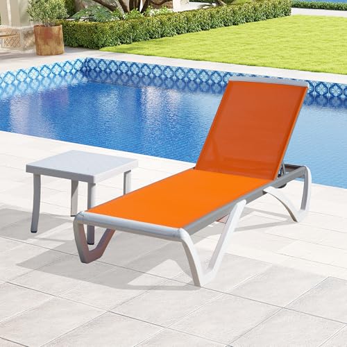 Image of Domi Outdoor Lounge Chair, Aluminum Patio Chaise Lounge with 5 Position Adjustable Backrest and Wheels, All Weather Reclining Chair with Side Table for Patio, Yard,Balcony,Poolside (Orange)