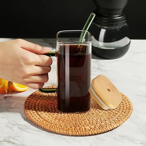 Image of Glass Tumbler with Colored Handle, 400ml Coffee Sipper with Wooden Lid and Glass Straw Iced Tea Mug Clear Drinking Cup for Juice, Milk, Smoothie, Beer Sipper with Straw