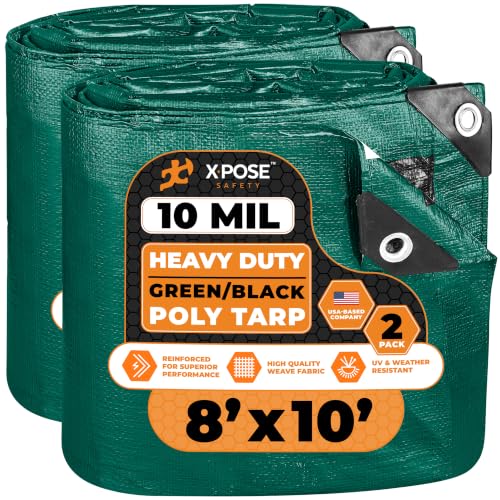 Image of Heavy Duty Poly Tarp - 8' x 10' (2-Pack) - 10 Mil Thick Waterproof, UV Blocking Protective Cover - Reversible Green and Black - Laminated Coating - Grommets - by Xpose Safety