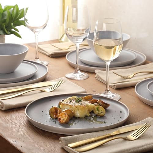 Image of Gibson Elite Coastal Forest Plates and Bowls Sets, 12-Piece Stoneware Dinnerware Sets, Triple Reactive Glaze Dish Set - Light Grey and Cream White