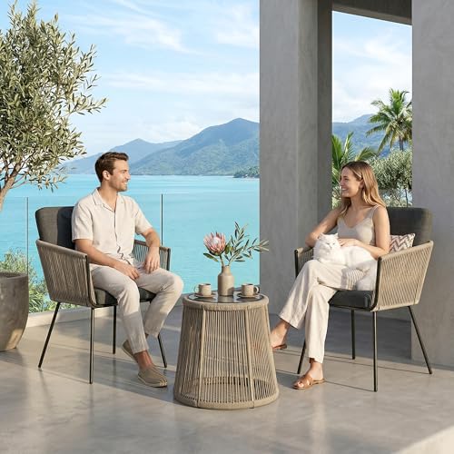 Image of BRISHI Garden Patio Seating Chair and Table Set Outdoor Balcony Garden Coffee Table Set Furniture with 1 Table and 2 Chairs Set Braid & Rope (Grey)