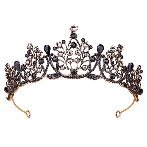 Corona de tiara de diamantes de imitación negro, corona barroca vintage, corona de boda de cristal...