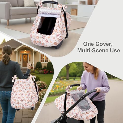Image of FIOBEE Baby Car Seat Cover, Car Seat Covers for Babies Infant Car Seat Canopy with Breathable Mesh Window Waterproof Carseat Cover for Babies Boy Girl 4 Seasons, Brown Rainbow