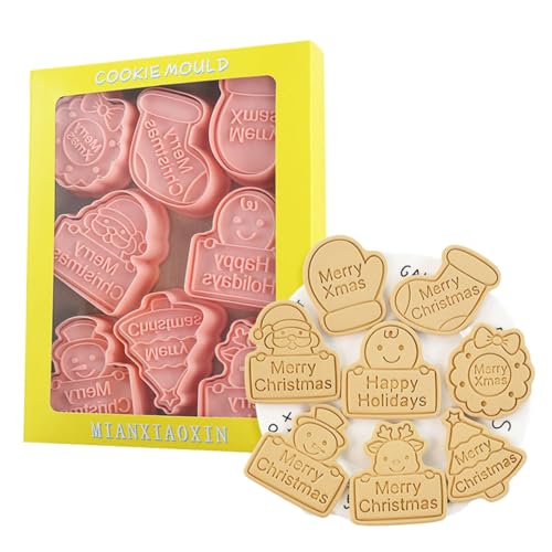 PTaizjjz Christmas Cookie Cutters, 8pcs 3D Pressable Christmas Cookie Stamps Set- Gingerbread Man, Christmas Tree