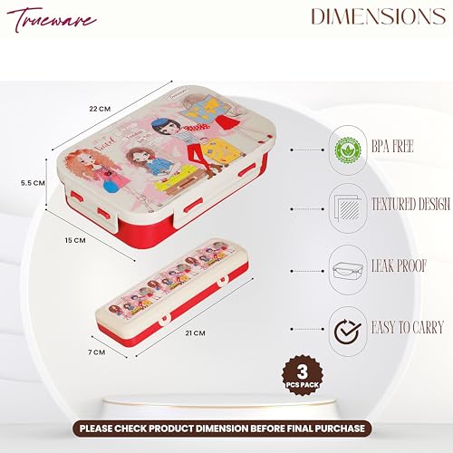 Image of Trueware Pluto Lunch Box 2 Compartment Leak-Proof BPA Free Stainless Steel, Lunch Box for Kids, Lunch Box for School & Office with a Spoon, 580 ML (LBK-Pluto-RED BAZ)