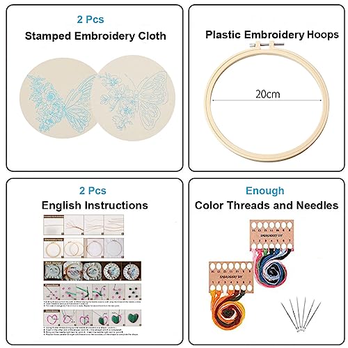 Image of Konrisa Embroidery Starter Kits with Butterfly Flower Pattern, Stamped Cross Stitch Kits for Beginners Adults DIY Sewing Include Embroidery Hoop Embroidery Fabric Threads and Needles,Set of 2