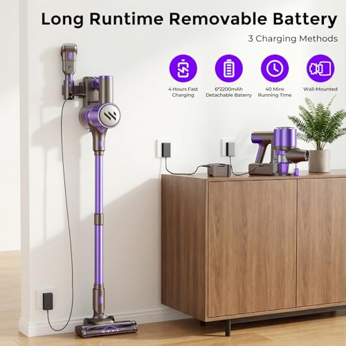 Image of WLOTPO Vacuum Cleaners for Home,Cordless Vacuum Cleaner,Lightweight Stick Vacuum Cordless Rechargeable,Self-Standing Design,LED Touch Screen,Vacuum for Hardwood Floors,Carpet,Pet Hair(Blue Purple)