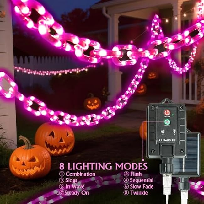Halloween Decoration Solar Light String,6.6FT, 100 LED Purple Chain Lights. IP44 Waterproof, 8 Lighting Modes. Perfect For Horror Costume Accessories, Haunted House Courtyards & Halloween Party Decor.