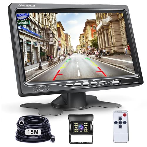 Cámara Marcha Atrás y 7 Pulgadas LCD Monitor Kit Cámara Visión Trasera, Hodozzy IR Visión Nocturna Impermeable Cámara de Marcha 12V-24V con 4 Pin 15 Metros Cable para Coche Camión Remolque Caravana