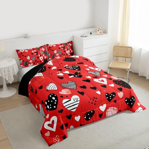 Image of Erosebridal Love Heart Full Comforter Set Red Heart Shaped Bedding Set for Kids Girls Romantic Valentine Theme Comforter Geometric Stripes Quilt