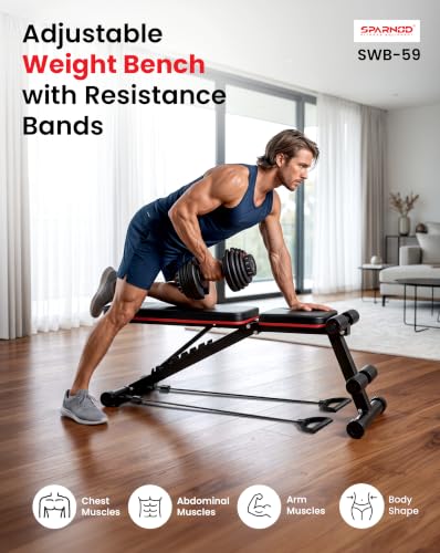 Image of Sparnod Fitness SWB-59 Adjustable Weight Bench with Resistance Bands, Incline, Flat & Decline Bench, Heavy-Duty Steel Frame, 200 kg Max User Capacity, Home Gym Strength Training Bench