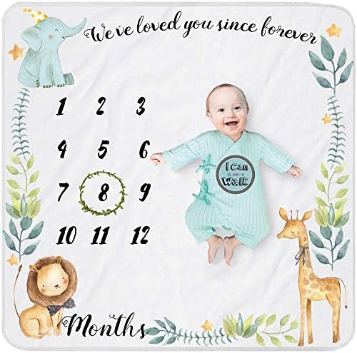 Yoothy Safari Baby Monthly Milestone Blanket for Boy and Girl, Gift for Baby Shower, Baby Photo Blanket for Pictures, Wreath &12 Stickers Included, Soft Flannel Blanket, Elephant, Lion 40''x 40''