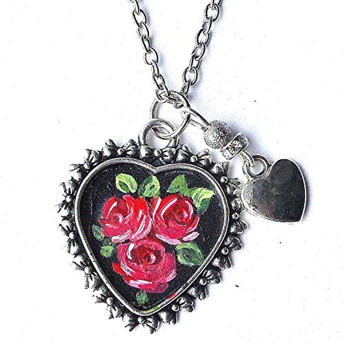 Delicate Vintage Style Silver Plated Heart Necklace with Hand Painted Pink Roses and Dangling Heart-Shaped Charm