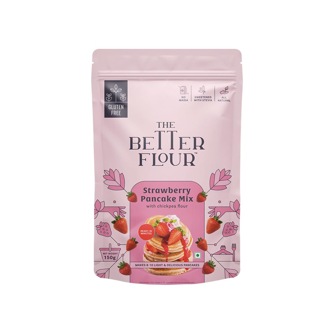 The Better Flour No Maida Strawberry Pancake Mix – Instant Healthy Breakfast & Dessert, High Protein, Gluten-Free, Chickpea & Rice Flour, Plant-Based Protein, Sugar-Free, Rich in Fiber, 150g, Perfect for Kids & Adults – Vegan Pancakes, Instant Pancake Mix