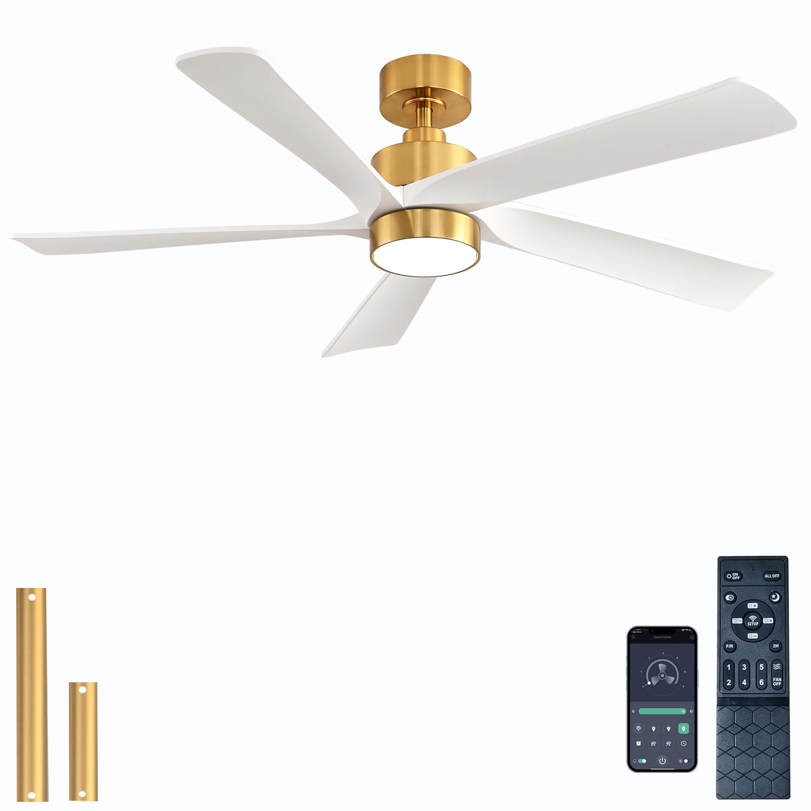 52 inch Wihte Ceiling Fan with Lights and Remote Control,Dimmable 3 Color temperatures LED,6 Speed Reversible DC Motor,5 Blades Modern Ceiling Fan for Indoor or Covered Outdoor