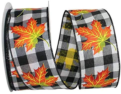 Image of Fall Leaves Buffalo Plaid Ribbon - 2 1 /2 inch x 10 Yards, Wired Edge, Orange Leaf, Black and White Plaid, Halloween, Thanksgiving, Fall Decor, Christmas, Rustic, Farmhouse, Wreath Decor, Craft Decoration