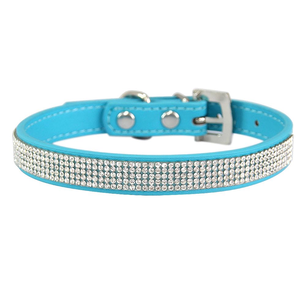 Rhinestone Dog Collar Adjustable - Sparkly Crystal Bling Pet Collar with Comfortable PU Leather for Small Medium Dogs & Cats, (lake blue)