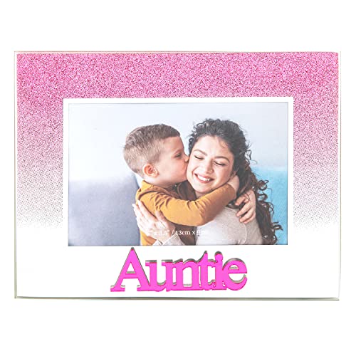 Happy Homewares Modern Pink Glitter Effect Auntie Glass Picture Frame with 3D Acrylic Letters - 5 x 3.5 | Freestanding Horizontal Frame