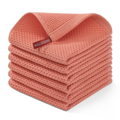 Homaxy 100% Cotton Waffle Weave Kitchen Dish Cloths, Ultra Soft Absorbent Quick Drying Dish Towels, 12 x 12 Inches, 6-Pack, Coral