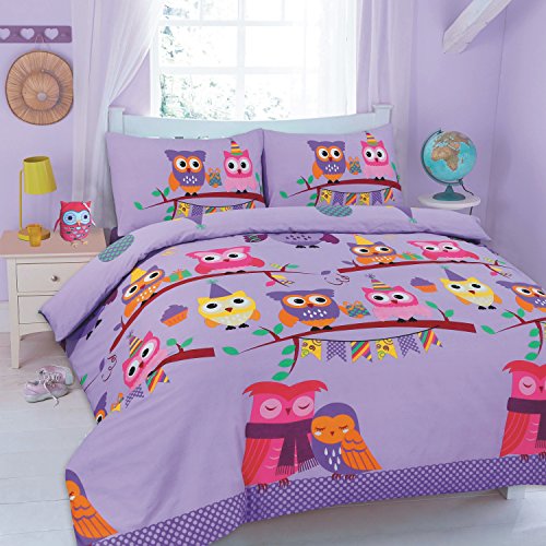 Maria Luxury Bedding & Linen Cot Duvet Cover Set with Pillowcase Owl Duvet Cover Sets, Kids Toddler Baby Children Owl Cot Duvet Cover Set with Pillowcase - 120cm x 150cm (Purple)