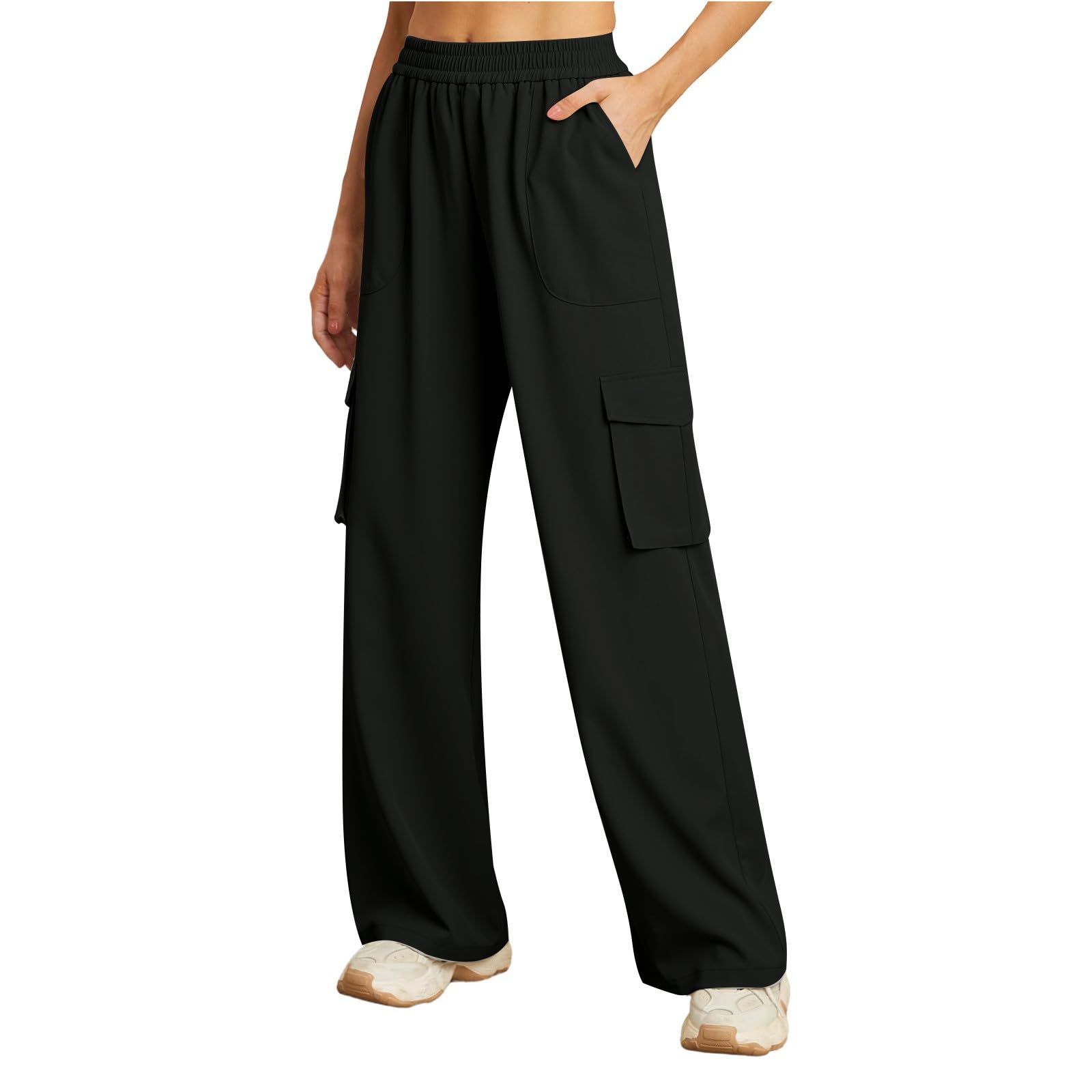 Pantaloni Donna Cargo Elastico a Vita Alta con Tasche Pantalone Palazzo Tinta Unita Y2k Gamba Larga Pantalone Tuta Donna Lavoro Casual Eleganti Pants Leggeri Tempo Libero All'aperto Trekking