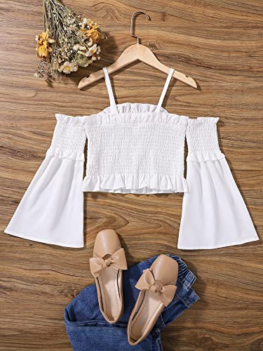 SHENHE Girl's Cold Shoulder Shirred Crop Tops Flounce Long Sleeve Frill Trim Blouses2