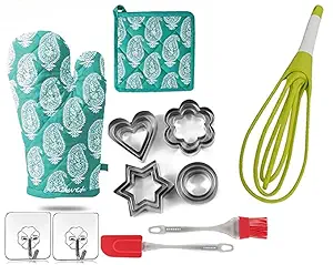 CLOSAL otton Padded Oven Gloves Heat Proof, Manual Whisk Blender, Silicon Brush and Spatula, Silicon Oven Pot Holder Pinch Mitten, Microwave Oven Hand Gloves Combo for Kitchen (Multi-Color)