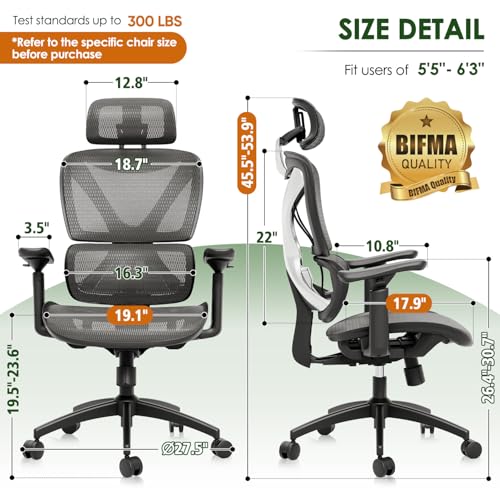 Image of GABRYLLY Ergonomic Office Chair, Big and Tall Mesh Chair with Lumbar Support, 3D armrest - 215 Rotation, Adjustable Headrest & Soft Seat, Durable Desk Chair 350LBS for Work Gaming Computer,Grey