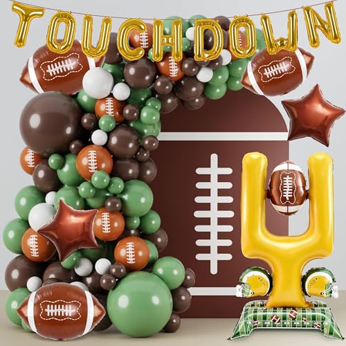 THAWAY Football Party Decorations - 126 Pcs Football Balloons with 5 ft Standing Football Foil Balloon Green White Brown Football Balloon Arch for TouchDown Rugby Game Day Tailgate Party Decorations