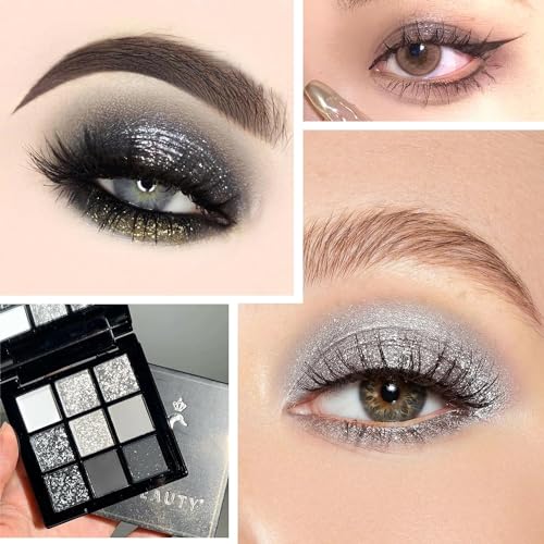 Long Lasting Black Eyeshadow Palette with Silver Glitter, Matte White and Grey Shades. Waterproof Goth Make Up for Women and Girls, Perfect for Halloween and Christmas Gifts - Image 4
