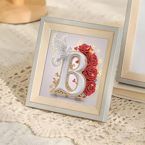 Image of AiYuanzsh Floral 5D Diamond Art Kit Letter B, Elegant Rose & Dove Alphabet Diamond Painting Kit for Adults, DIY Crystal Rhinestones Gem Art Craft for Home Decoration 17x17cm