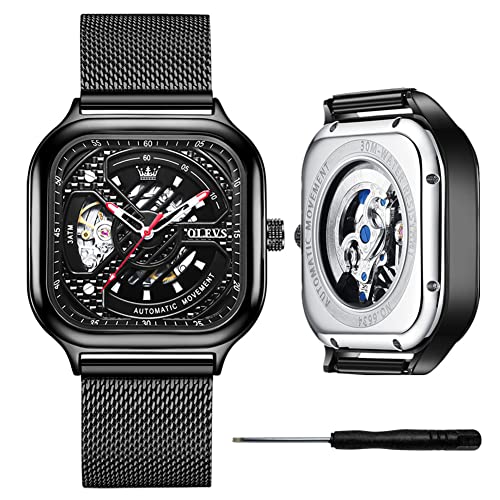 OLEVS Men Automatic Watches Black Square Automatic Watches for Men Waterproof Mens Self Winding Watches for Men Black Fashion Mens Mechanical Automatic Square Watches Metal Wrist Watches
