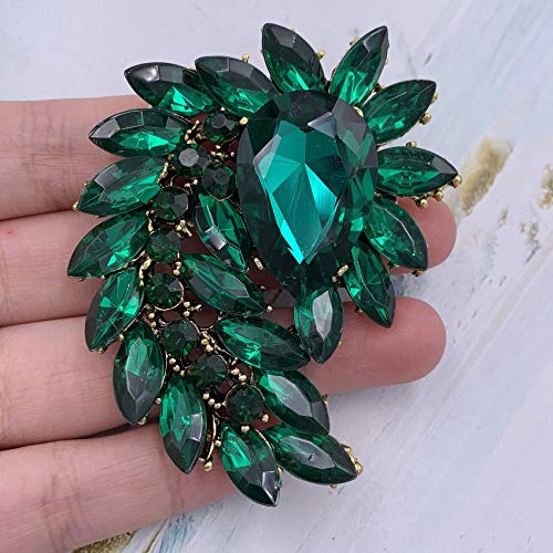 SELOVO Marquise Shape Rhinestone Red Leaf Costume Brooch Pin Jewelry Antiqued Gold Tone2